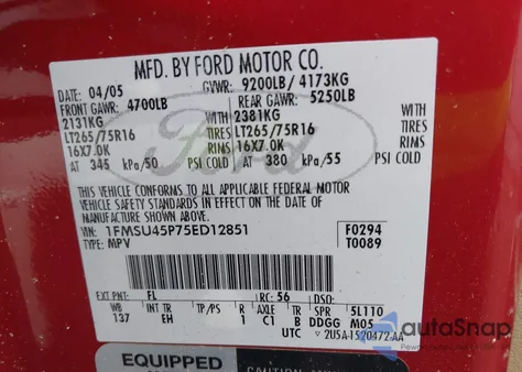 2005 Ford Excursion Eddie Bauer from USA, damaged, VIN 1FMSU45P75ED12851